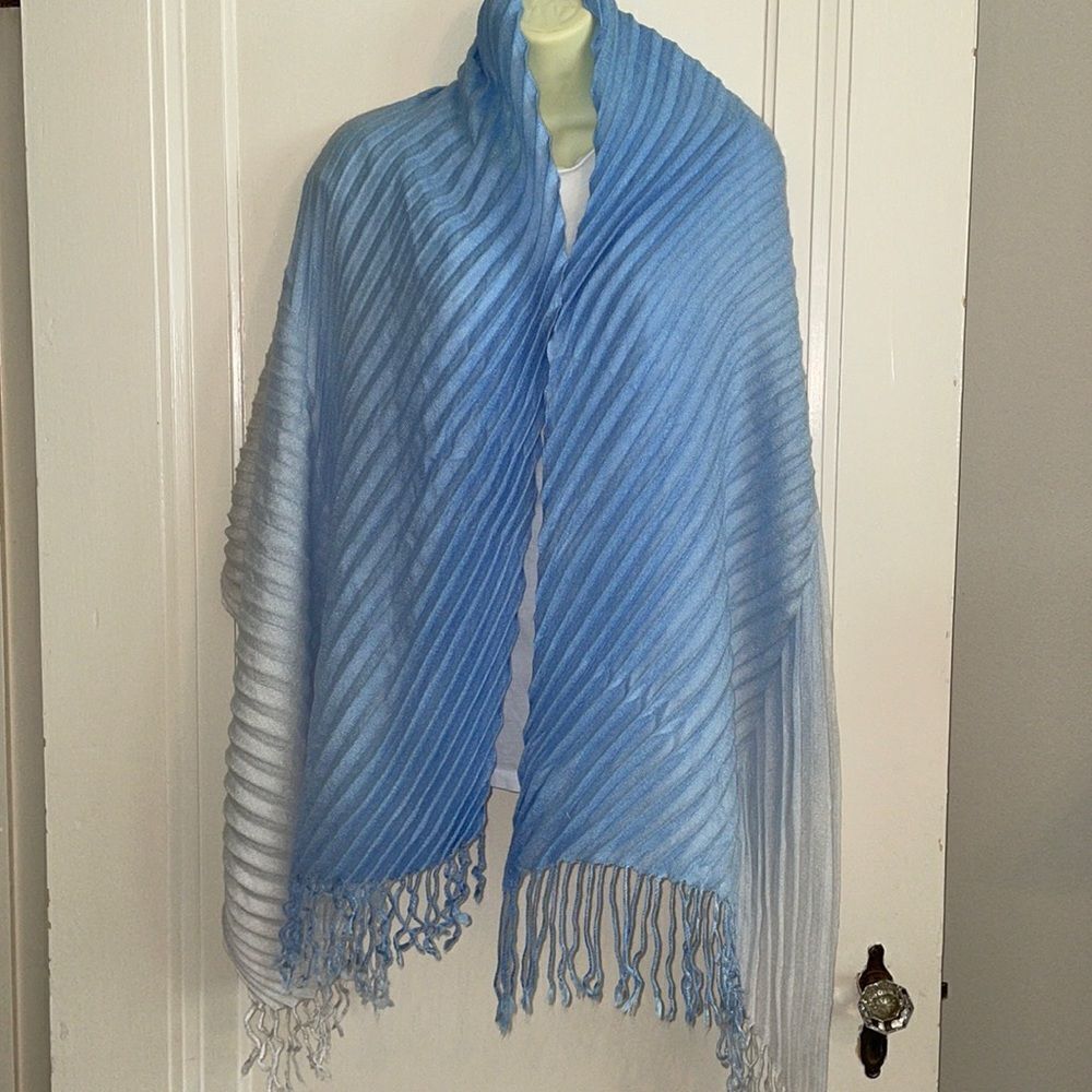 Light blue & white hombre pleated polyester large‎ wrap with fringe